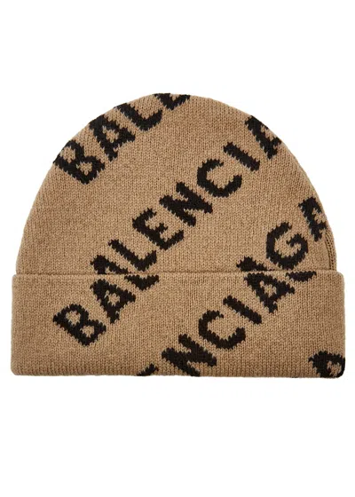 Balenciaga Logo-intarsia Wool-blend Beanie In Brown