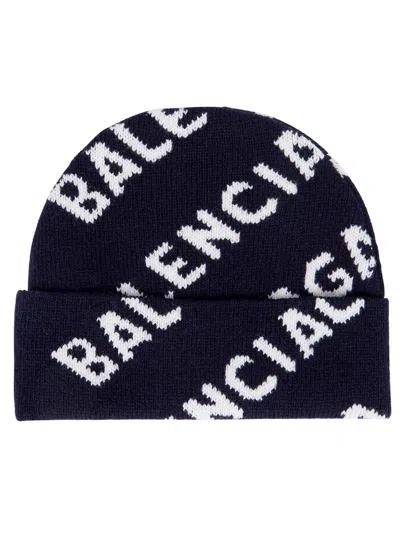 Balenciaga Logo-intarsia Wool-blend Beanie In Black