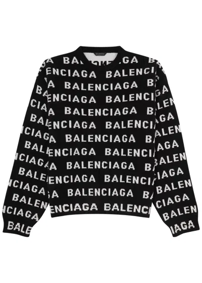 Balenciaga Logo-intarsia Wool-blend Jumper In Black