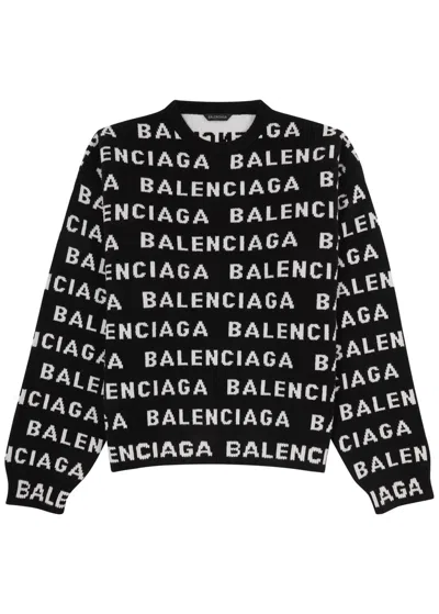 Balenciaga All-over Logo Intarsia Knit Jumper In Black