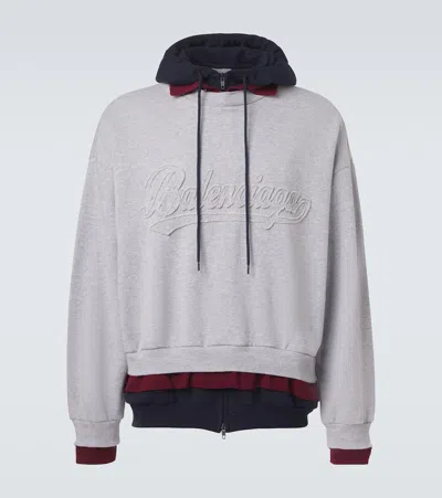 Balenciaga Layered Dry Molleton Hoodie With Frayed Lettering In Gray