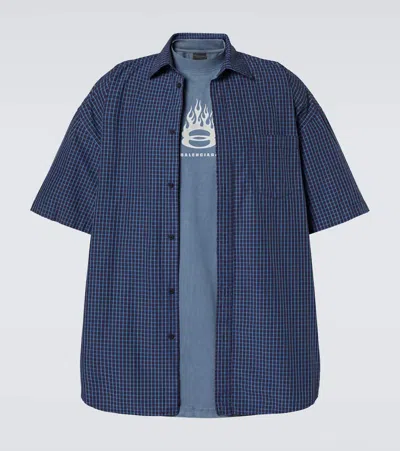 Balenciaga Logo Layered Cotton Shirt In Blue