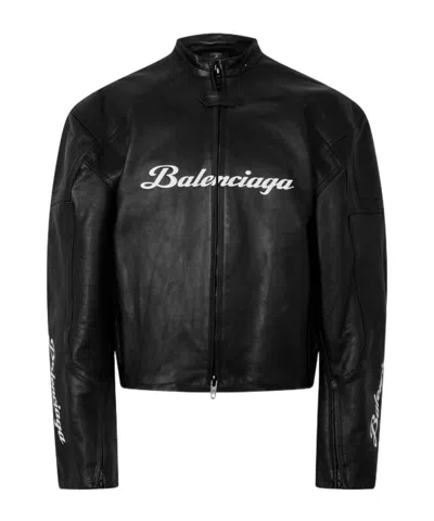 Balenciaga Logo Leather Biker Jacket In Black