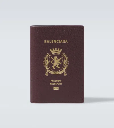 Balenciaga Logo Leather Passport Holder In Burgundy