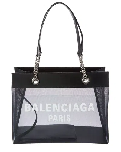 Balenciaga Logo Mesh & Leather Tote In Black