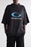 Balenciaga Cropped Distressed Printed Cotton-jersey T-shirt In Washed Black,blue