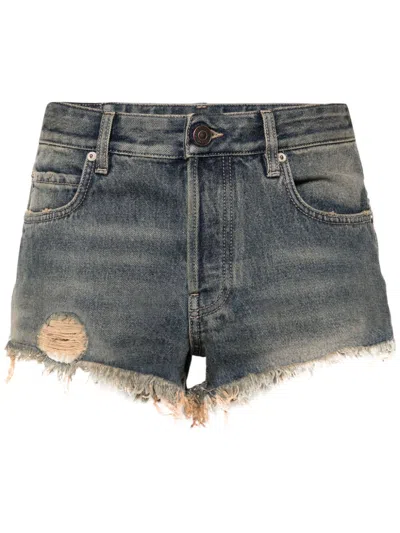 Balenciaga Denim Patch Logo Shorts In Blue