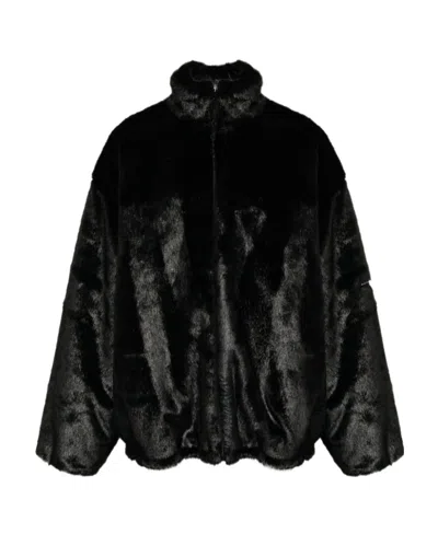 Balenciaga Logo Patch Faux Fur Jacket In Black