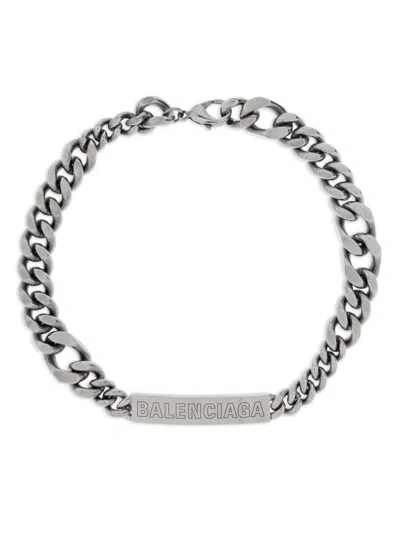 Balenciaga Logo Plaque Chain-link Necklace In Gray