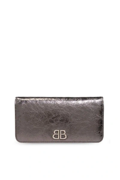 Balenciaga Logo Plaque Metallic Bifold Wallet In Silver