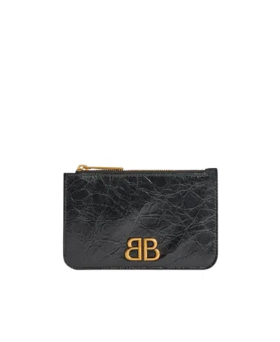 Balenciaga Logo Plaque Zipped Card Holder In Black