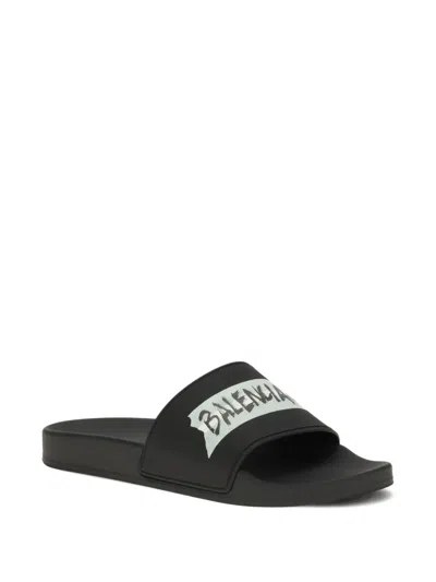 Balenciaga Men Slide Pool Slippers In Black