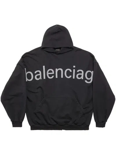 Balenciaga Logo-print Cotton Hoodie In Washed Black Balgrey