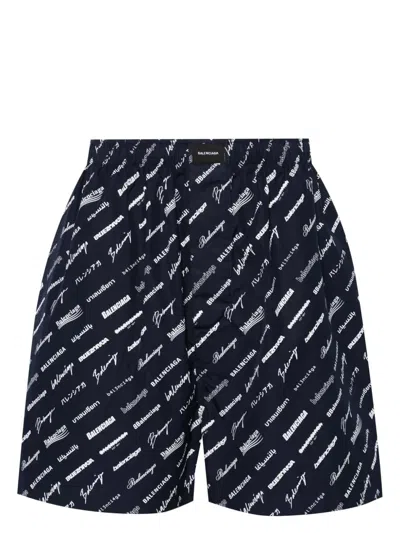 Balenciaga Logo-print Cotton Shorts In Blue
