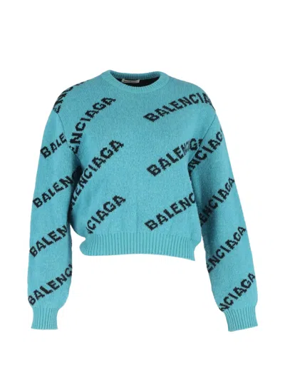 Pre-owned Balenciaga Logo-print Crew-neck Sweater In Blue