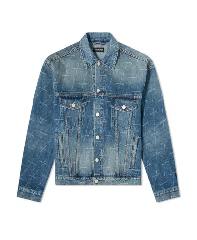 Balenciaga Logo Print Denim Jacket In Blue
