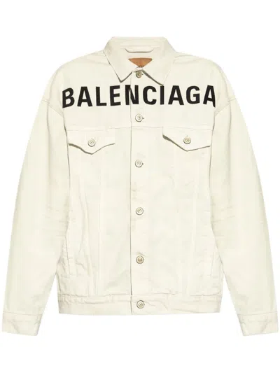 Balenciaga Logo-print Denim Jacket In Neutral