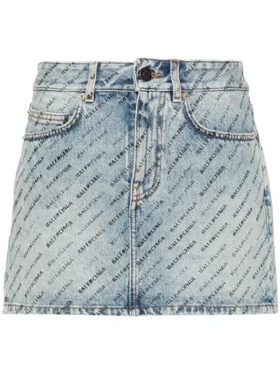 Balenciaga Denim Mini Skirt With Logos In Blue