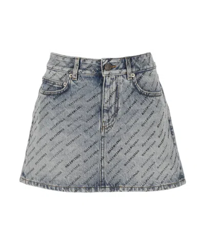 BALENCIAGA BALENCIAGA ALLOVER LOGO PRINTED DENIM MINI SKIRT