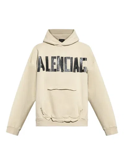 Balenciaga Logo-print Frayed-hem Hoodie In Neutral