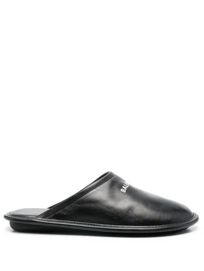 Balenciaga Logo-print Leather Slippers In Black