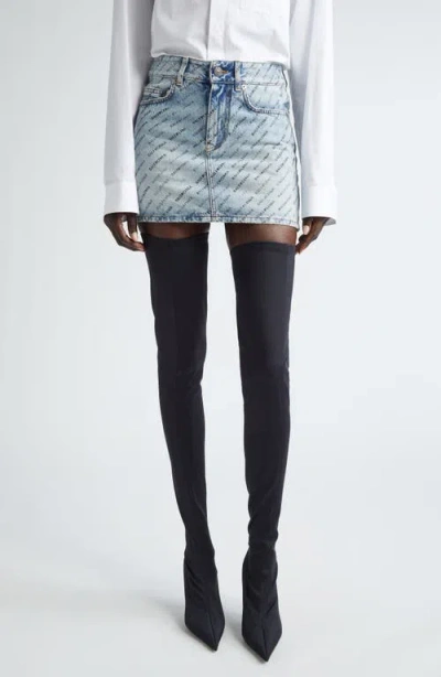Balenciaga Logo Print Low Rise Denim Miniskirt In Iced Blue