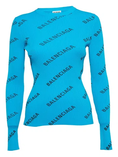 Pre-owned Balenciaga Logo-print Ribbed T-shrit In Blue