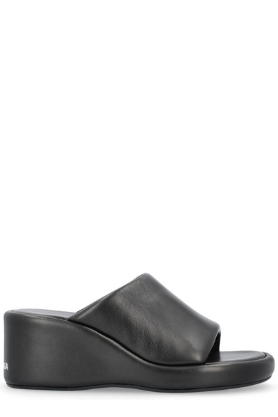 Balenciaga Logo Print Round Toe Wedge Sandals In Black