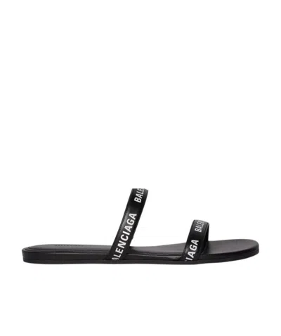 Balenciaga Logo Lettering Leather Flat Sandals In Black White