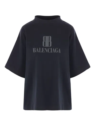 Balenciaga Logo Cotton Crew-neck T-shirt In Blue
