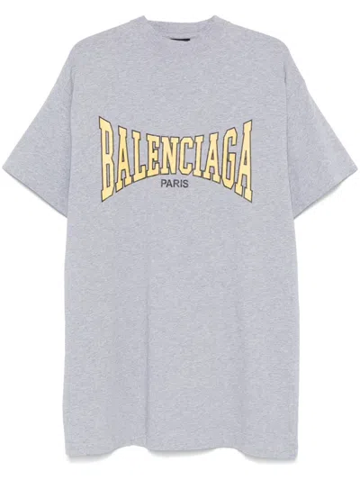Balenciaga Logo-print T-shirt In Heather Grey/yellow