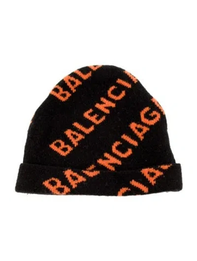 Pre-owned Balenciaga Logo Print Wool Knit Beanie In Black