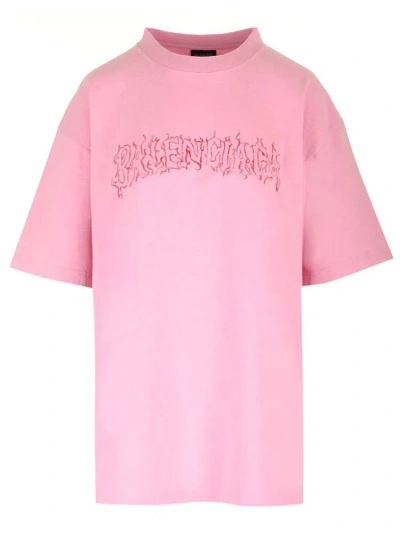 Balenciaga Logo Printed Crewneck T In Pink/red