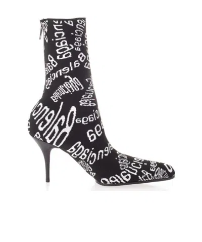 Balenciaga Logo Printed High Heel Boots In Black