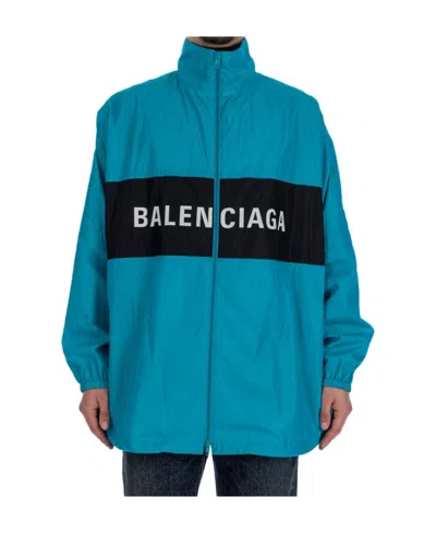 Balenciaga Logo Printed High-neck Jacket In Blue