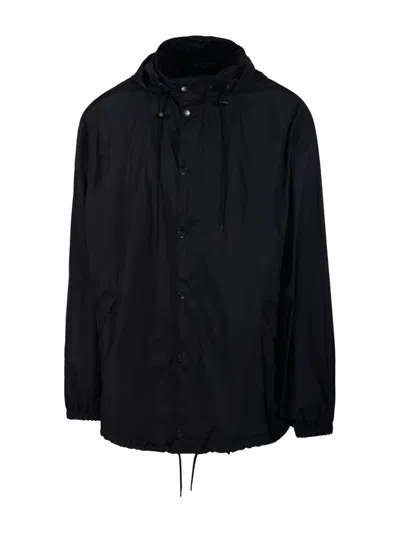 Balenciaga Logo Printed Hooded Short Windbreaker In Black