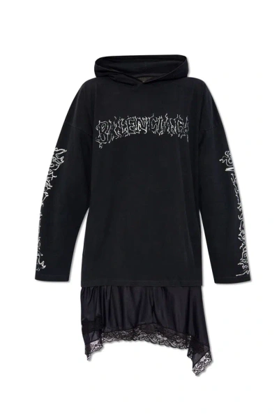 Balenciaga Logo Printed Layered Hoodie Dress In Black