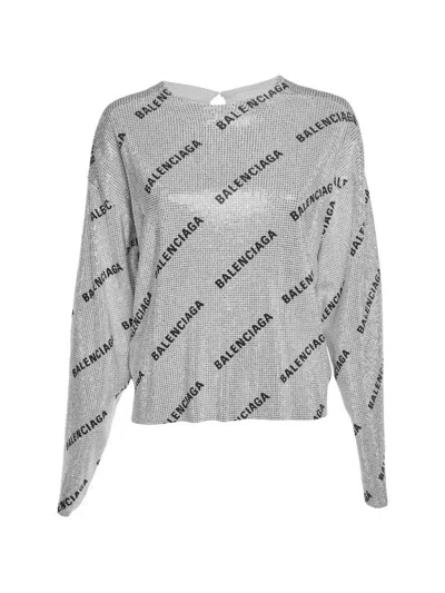 Pre-owned Balenciaga Logo Rhinestone-embellished Sweater In Gray