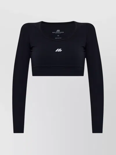 Balenciaga Logo Scoop Neck Cropped Top With Long Sleeves In Black