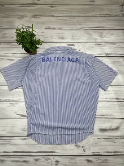 Pre-owned Balenciaga Logo Striped Short Sleeved Shirt On The Back In Blue