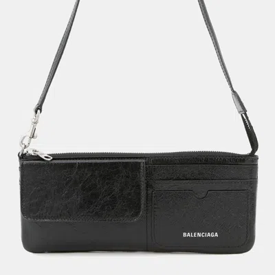 Pre-owned Balenciaga Logo Superbusy Shoulder Bag Black Leather