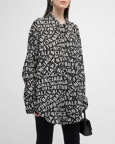 Balenciaga Logo Tape-print Oversized Silk Minimal Shirt In Black