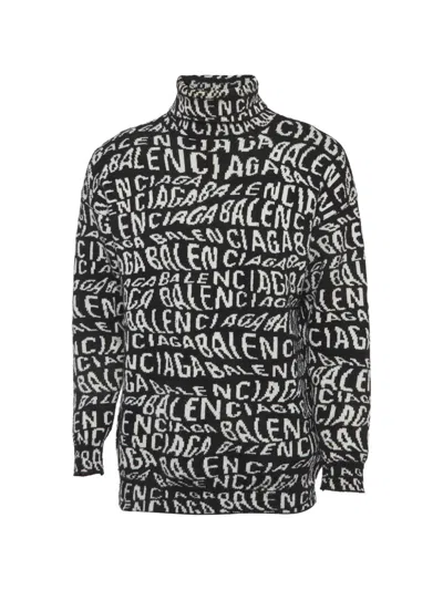 Pre-owned Balenciaga Logo Wave Turtleneck Sweater In Black