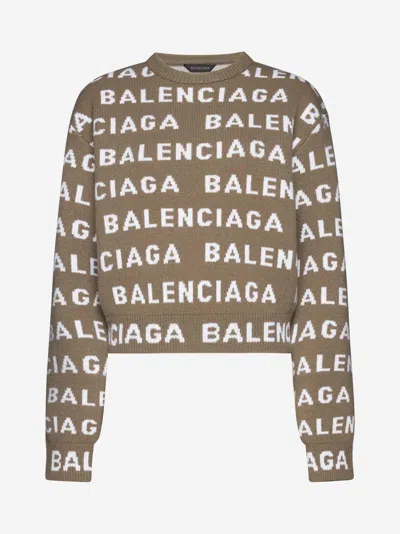 Balenciaga Logo Wool Cropped Jumper In Beige