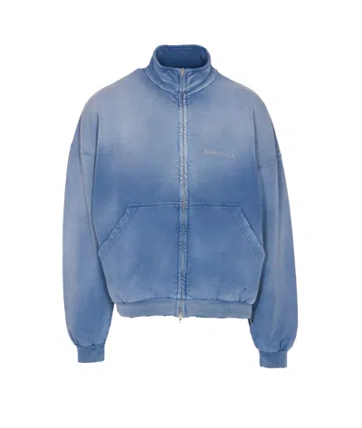 Balenciaga Distressed Logo Zip-up Sweatshirt In Blue