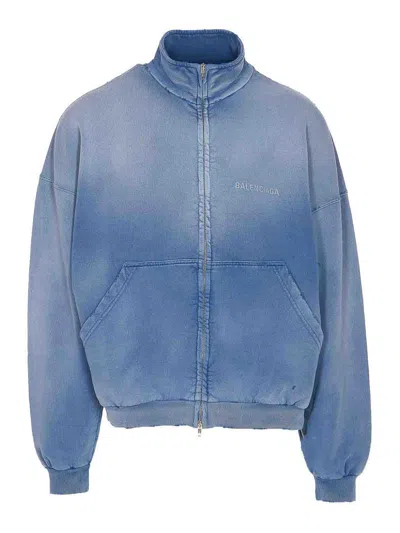 Balenciaga Distressed Logo Zip-up Sweatshirt In Blue