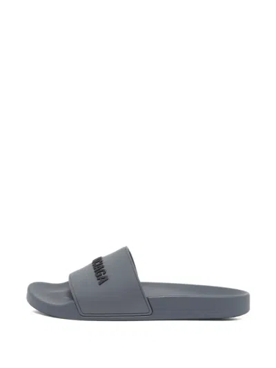 Pre-owned Balenciaga Logo-embossed Open-toe Slides In Gray