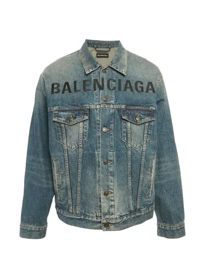 Pre-owned Balenciaga Logo-embroidered Denim Jacket In Blue