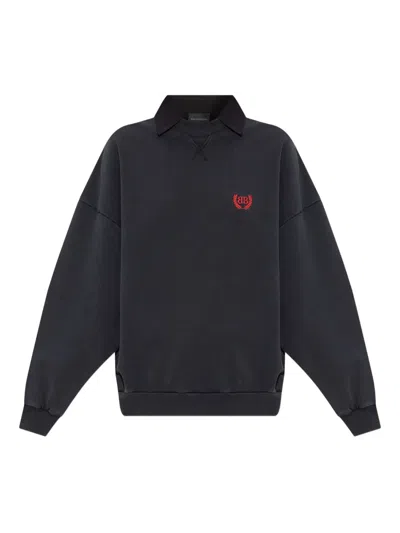 Balenciaga Logo-embroidered Polo-collar Sweatshirt In Black