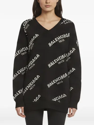 Pre-owned Balenciaga Logo-intarsia V-neck Sweater In Black